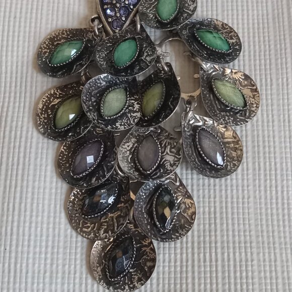 Long Silver Toned and Multicolored Rhinestone Encrusted Peacock Pendant Necklace - Picture 3 of 8